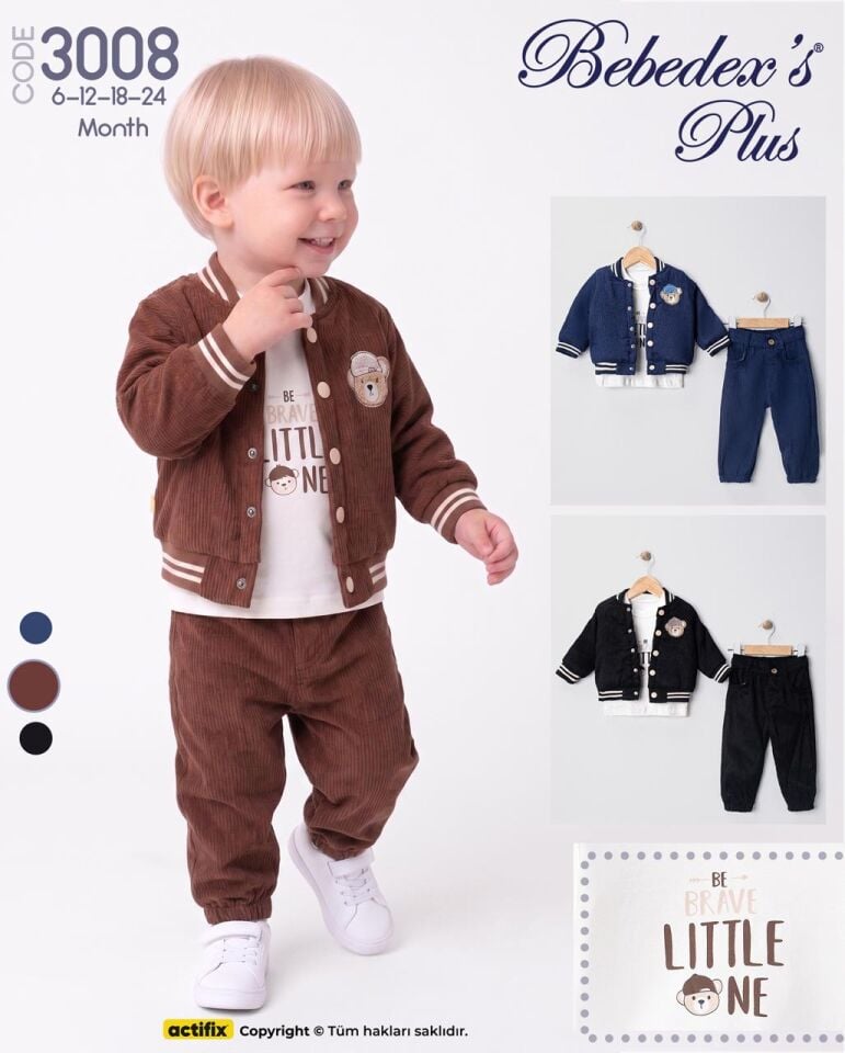 LITTLE ONE BASKILI ŞAPKALI AYICIK SÜZENE NAKIŞLI ÜÇLÜ TAKIM